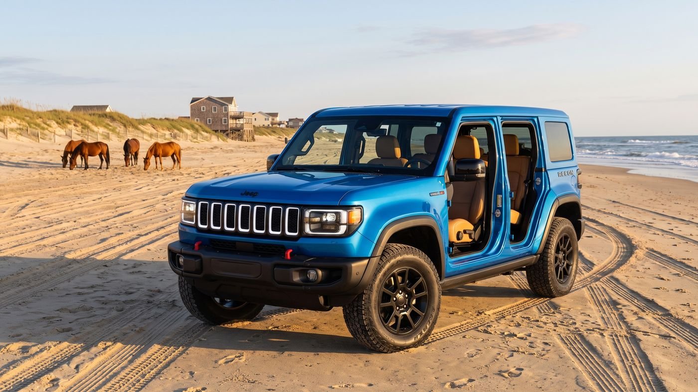 Concept render of a blue Jeep Recon with its doors removed on the Carova beach, wild horses grazing far behind it.