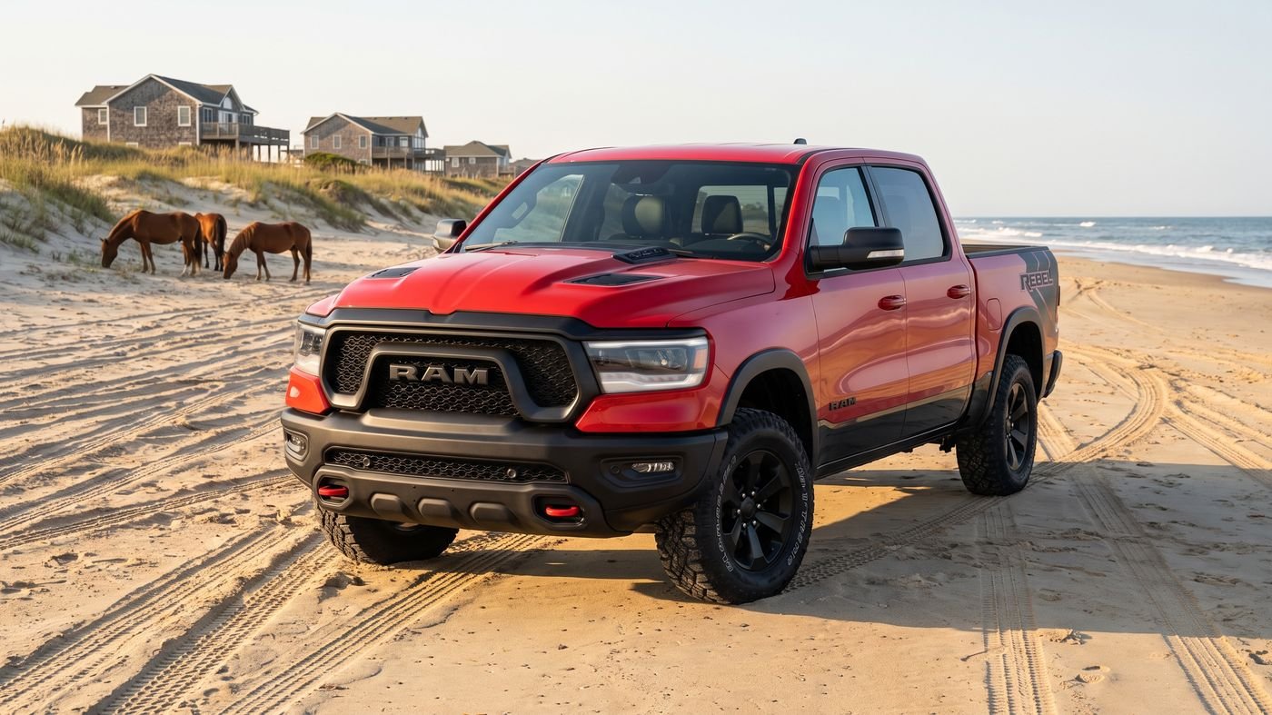 Concept render of a red Ram 1500 Rebel parked on the Carova beach, wild horses grazing far behind it by the dunes.