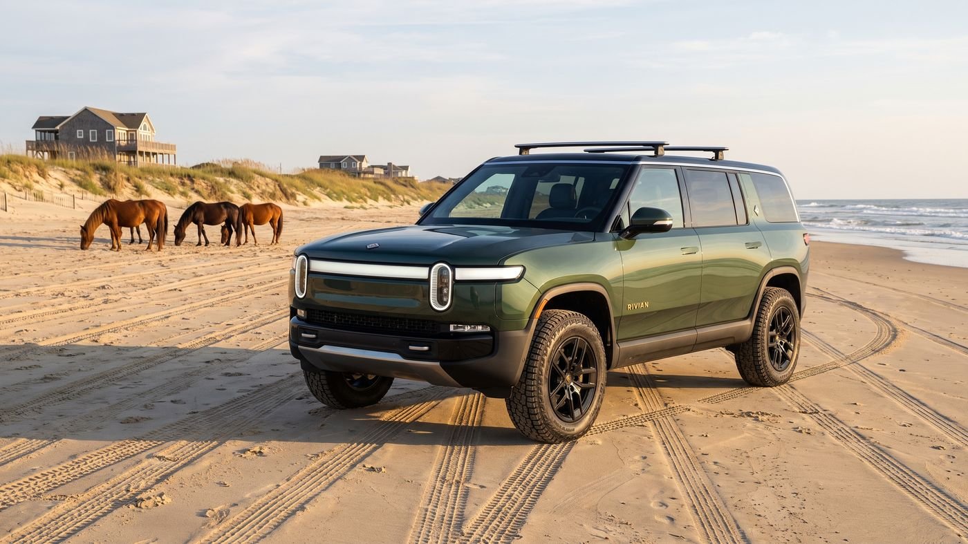 Concept render of a green Rivian R1S on the Carova beach, wild horses grazing far behind it.