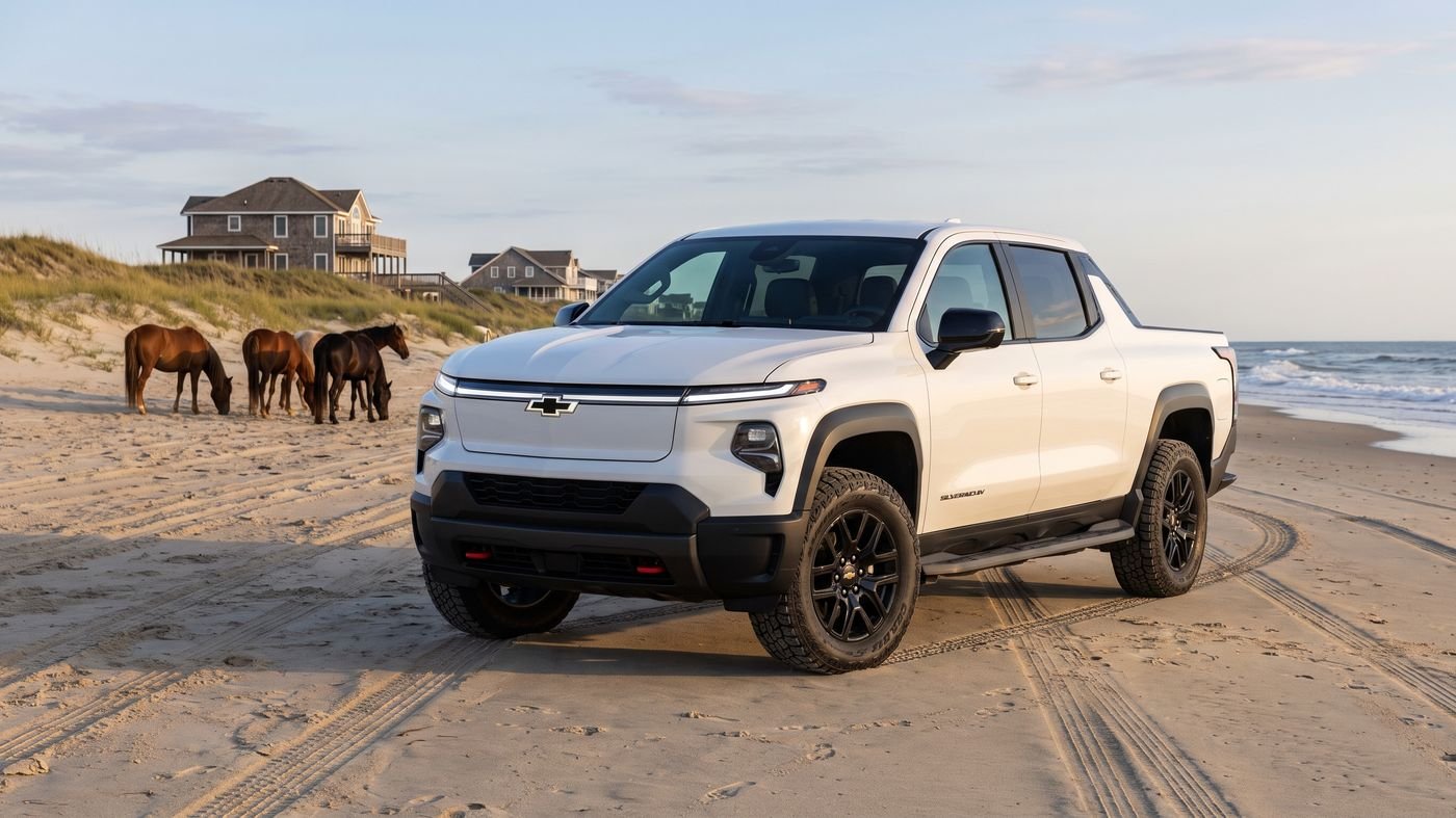 Concept render of a white Chevrolet Silverado EV Trail Boss on the Carova beach, wild horses grazing far behind it.