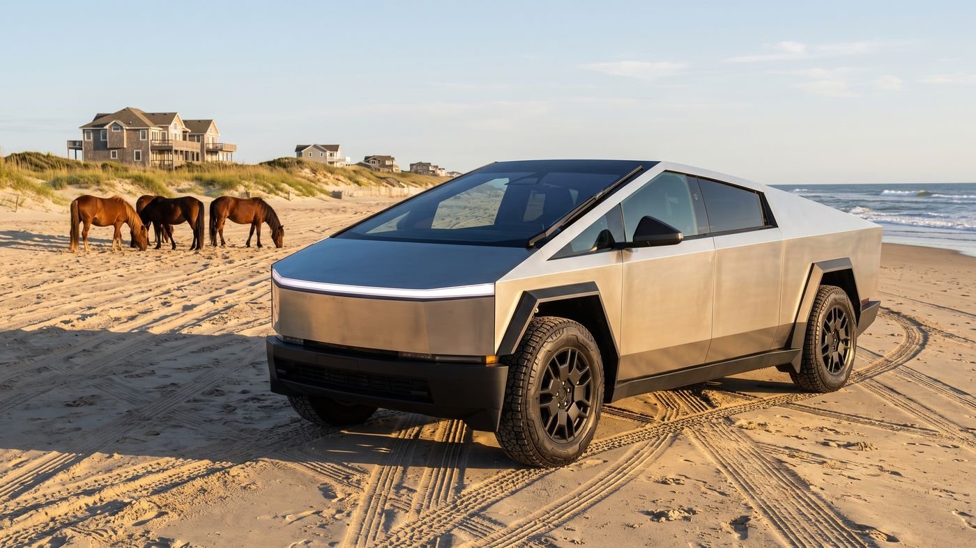 Concept render of a stainless-steel Tesla Cybertruck on the Carova beach, wild horses grazing far behind it.